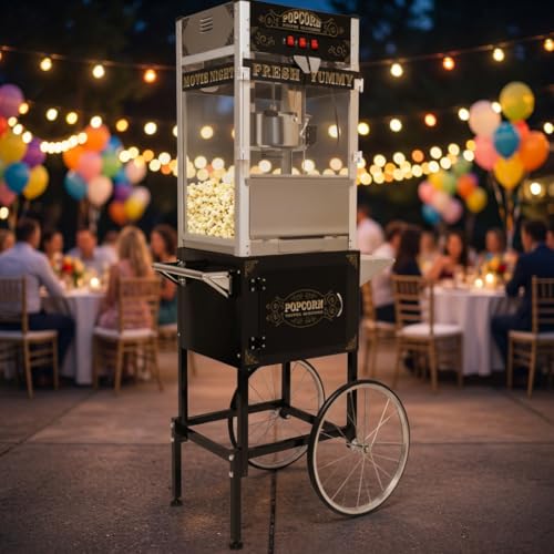 Image of 26Oz Commercial Popcorn Machine with Wheels - Stainless Steel Kettle Vintage-Style Popper Cart on Wheels with Tempered Glass Pop-corn Machine Maker for Home, Parties, Movie Theater, Black