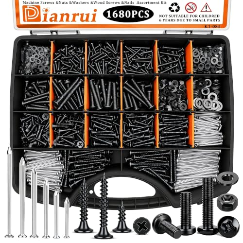 Image of Dianrui 1680 PCS Blcak Nails and Screws Assortment Kit & Screw Bolts and Nuts, M3 /M4 /M5 /M6 Machine Screws, Small Nails for Picture Hanging, #6#8 Drywall Screw Set for DIY Project Length 1 /2 inch to 2 inch