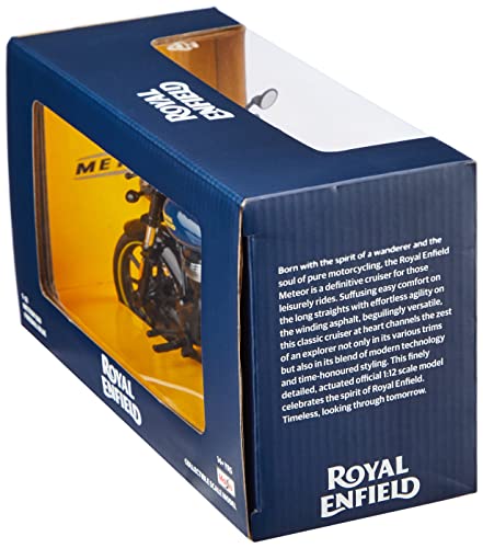Image of Royal Enfield Meteor Scale Model Fireball Blue, Plastic, Metal Miniature Toy Motorcycle, 1:12 with Steerable Handle Bars, Free Rolling Wheels, Working Rear Suspension, Side Stand, Rear-View Mirrors