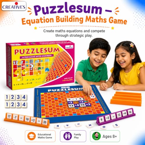 Image of Creative's Puzzlesum, Equation Scoring, Maths Board Games, 92 Number Tiles, 92 Equaliser Tiles, 4 Racks Colourful Board, Score Points by Making Equations, Educational Family Board Game Ages 8+