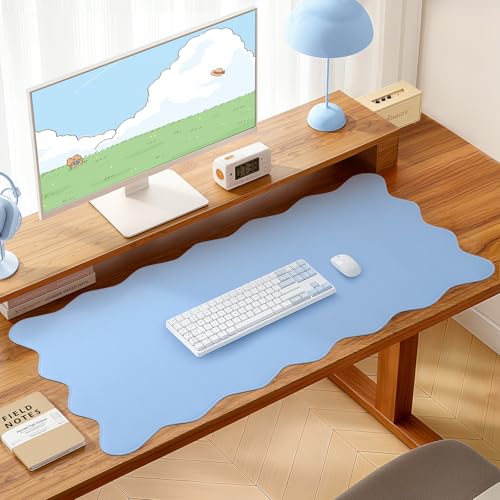 Image of PU Leather Desk Pad, Scalloped Non-Slip Mouse Pad & Large Desk Mat Cover Stitched Edges Writing Pad for Office, Home - Waterproof, Easy to Clean, Durable Surface I 31.4 inchx15.7 inch, Air Blue
