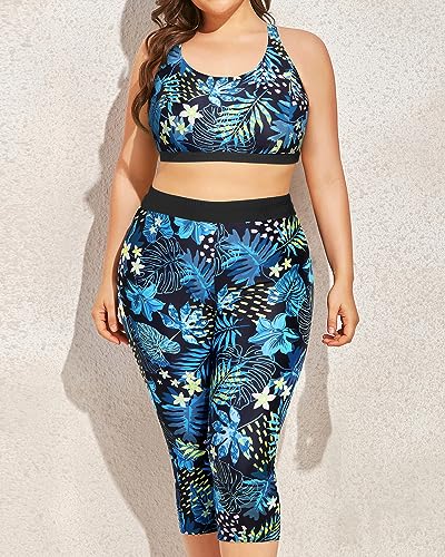 Yonique 3 Piece Plus Size Swimsuits For Women Tankini Tops With Sports Bra And Swim Capris Athletic Bathing Suits Blue & Yellow Floral Print 02 18 Plus #TOP3