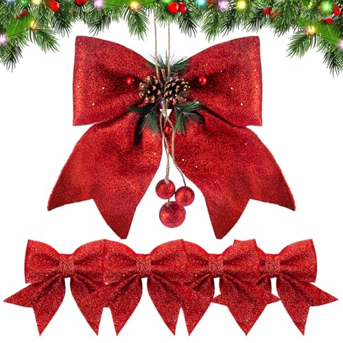 GWAWG Lazos Arbol Navidad,5 Lazos Grandes Rojos De Purpurina para Arbol De Navidad,Moños Navideños,Adorno De Corona