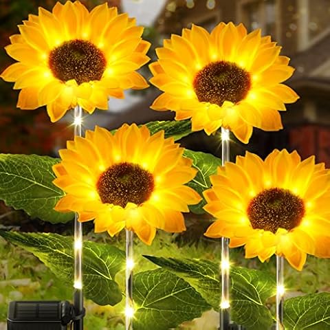 KOOPER Solar Lights for Outdoor Garden, Pack of 4 Sunflowers Solar Lights Garden with Luminous Stems, IP65 Waterproof Solar Christmas Garden Decoration for Outdoor, Lawn, Patio Cover
