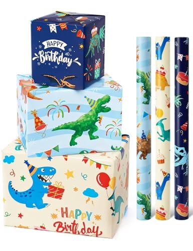 WERNNSAI Dinosaurier Geschenkpapier - 3 Rollen Dino Geburtstags Geschenkpapierrollen Kinder Jungen Kindergeburtstag Geschenkverpackung Deko Dino Geschenkpapier mit Schnittlinie 43 cm x 3 m Grün