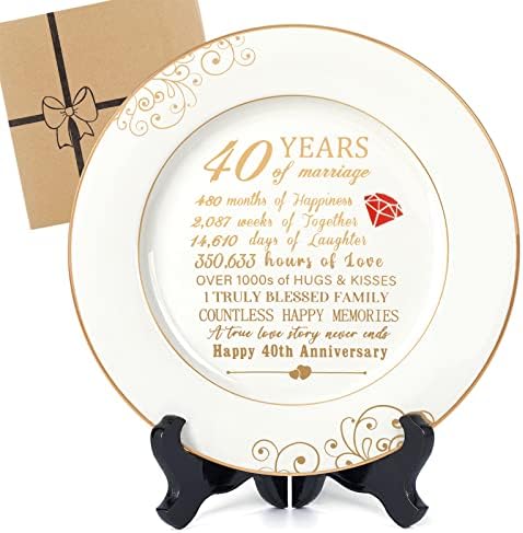 Urllinz 40th Anniversary Wedding Gifts for Wife-40th Anniversaty Plate with 24k Gold Foil,Happy 40 Year Anniversary Decorations for Couple Parents Him Her Husband,Golden Porcelain Plate with Stand 9"