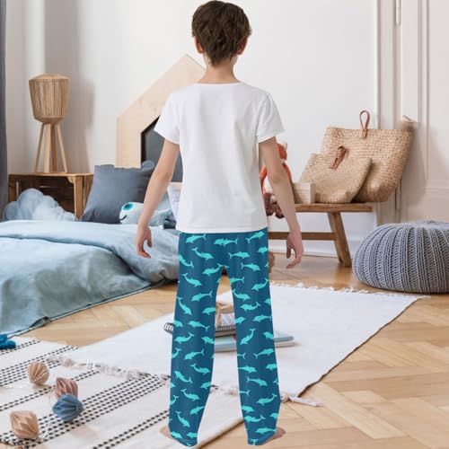 Boy's Pj Pants Sea Marina Silhuette Dolphin Blue Green Lounge Bottoms Elastic Kids Sweatpants with Pockets size 6-143