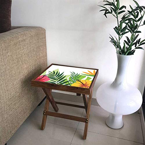 Image of Nutcase Designer Teak Wood Side Table Folding Wooden Bedside Coffee Outdoor Picnic Table - Tropical Florals