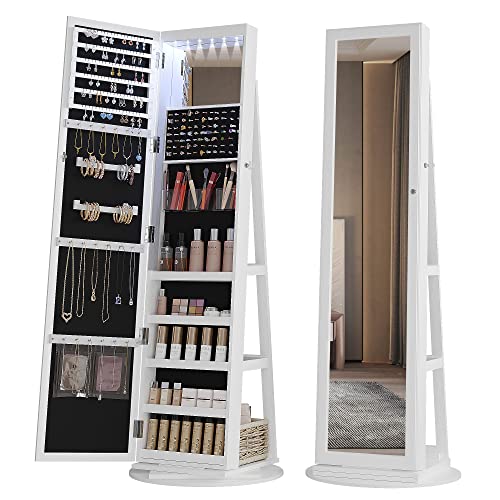 Lvifur 360° Rotating Full Length Mirror Jewelry Armoire, 63” Large Capacity Jewelry Organizer, Lockable Jewelry Mirror Cabinet with Rear Storage Shelves (Grey)