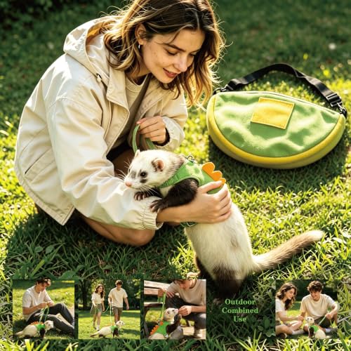 Image of Ferret Harness Leash with Carrier Set,Small Animals Vest Harness, Dinosaur Shaped Leash Set, Semi-Circular Bag for Rabbit Guinea Pig Teacup Chihuahua Mouse and Other Small Pet (Green)