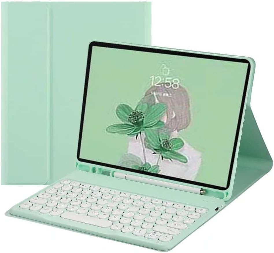 Keyboard Case for Galaxy Tab S10 Lite/ S10 FE/S9 FE/S9/S8/S7, Slim Folio Cover with S Pen Holder, Round Keys Magnetically Detachable Keyboard (Mint Green)