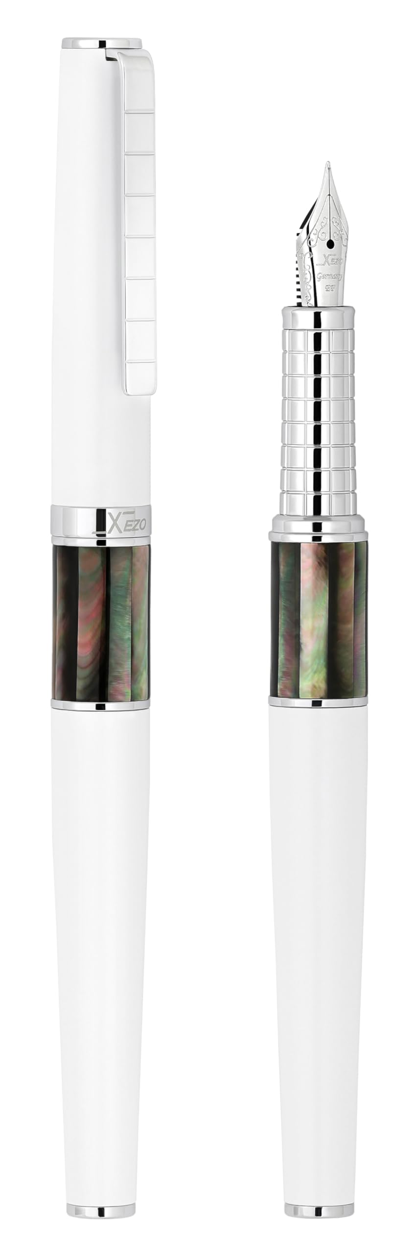 Xezo Speed Master Stylo plume, plume extra fine. Couleur blanc mat avec nacre noire de Tahiti. Plaqué chrome. Corps en laiton léger. Chaque pièce unique