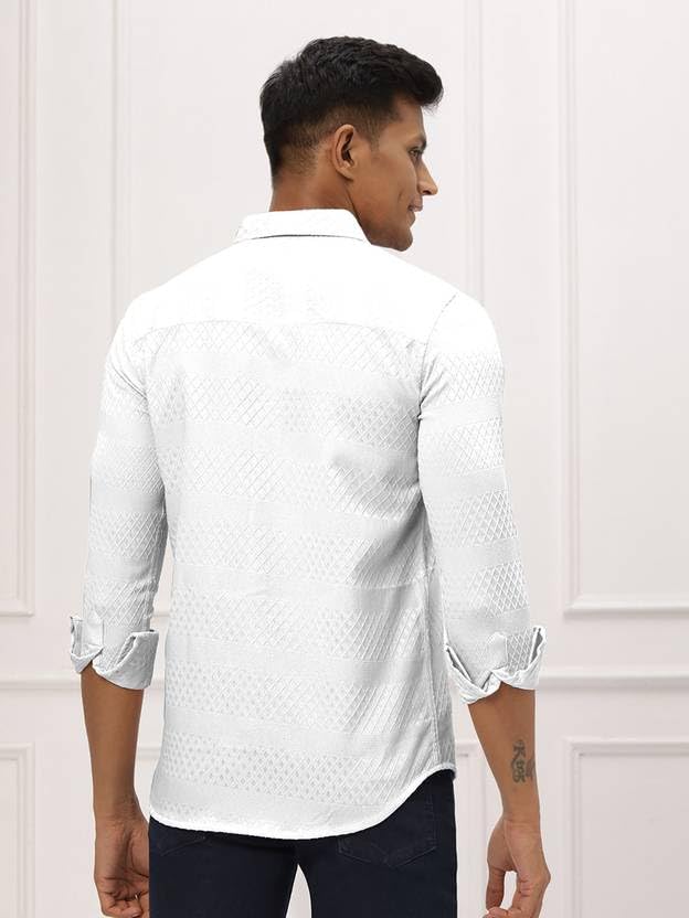 Image of Men's Polycotton Casual Textured Button Down Regular Fit Shirts Long Sleeve Shirt