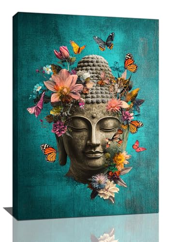 Olivine Zen Wall Art, Buddha Pictures Wall Decor, Teal Painting Flower Bloom Canvas Prints, Framed Artwork for Living Room Bedroom Bathroom Spa Office Home Decoration Meditation Yoga 24”x16