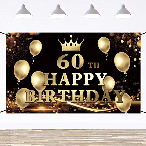 Ushinemi Happy 60th Birthday Banner, 60th Birthday Backdrop, 60 Birthday Party Decorations