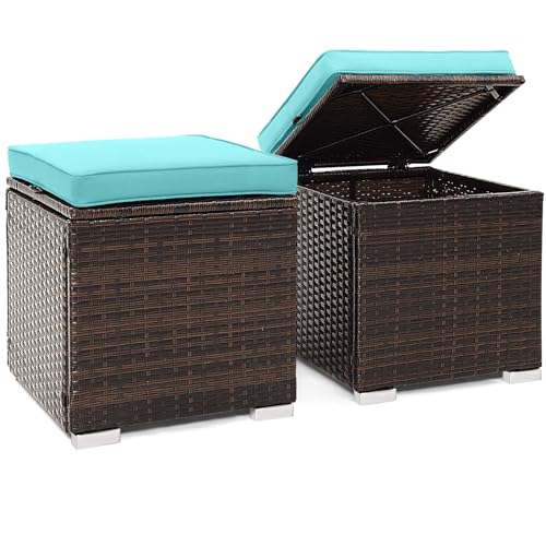 Tangkula 2 Pieces Patio Ottomans, Patiojoy Hand-Woven PE Rattan Side Table with Removable Cushion & Hidden Storage Space, Multifunctional Storage Box, Seat for Patio, Backyard, Poolside (Turquoise)
