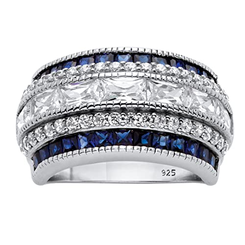 PalmBeach Platinum-Plated Sterling Silver Emerald Cut Cubic Zirconia and Simulated Princess Green Emerald or Blue Sapphire Anniversary Ring Size 6