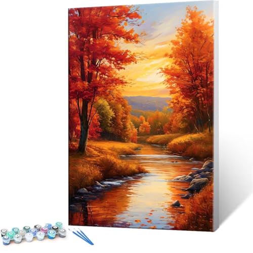 DIY 数字油絵 秋 風景 Paint by Numbers 塗り絵 キット 大人 数字ぬりえ 子供の用数字塗り絵キャンバスクラフト数字 キャンバスアート ブラシとアクリル絵の具が入, インテリア リビング装飾, 女性へのギフト 60x80cm (フレーム