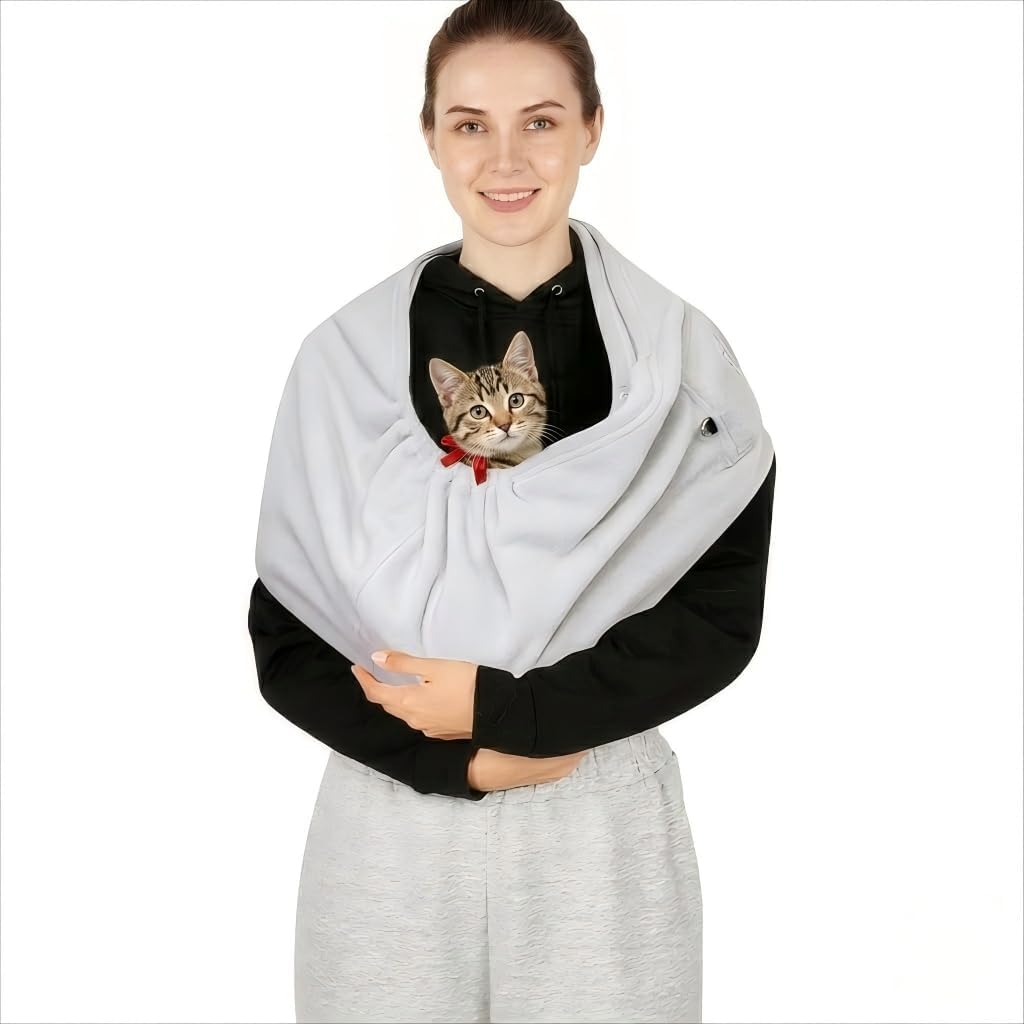 Hands-Free Cat Sling Carrier & Pet Sling for Small Dogs & Cats (3-14 lbs) - Ultra Soft Fleece Puppy Carrier with Wide Shoulder Strap for Back Pain Relief - Cozy Indoor/Outdoor Small Animal (Grey)