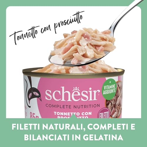 Schesir, Thunfisch mit Gelee-Schinken, komplettes Nassfutter für Katzen, mit zusätzlichen Vitaminen, 100% natürlich, 6 Dosen à 85 g