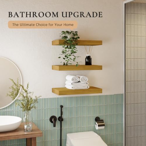 Image of 24 inch Extra Deep Floating Shelves, Set of 3, Natural Wood | 24 inchL x 12 inchD x 1.8 inchH, Set of 3, Solid Paulownia Wood, Natural Finish, Hidden Brackets, Hardware Included