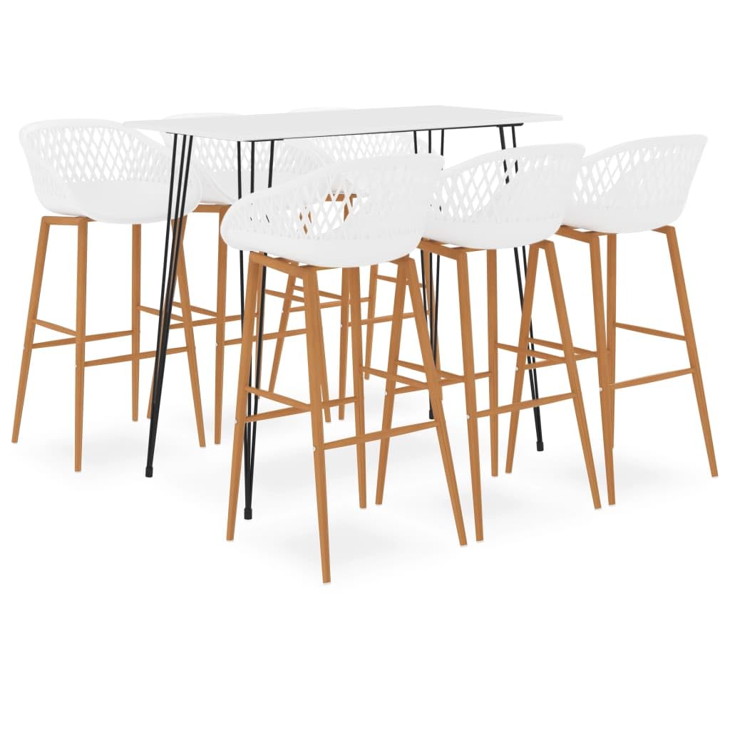 Juego de 7 piezas de bar, color blanco, diseño moderno, para bar, pub o restaurante, incluye mesa y taburete, tablero de tablero de fibra de densidad media, marco de metal recubierto de polvo