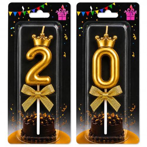 Image of Gold Crown Number 20 Birthday Candle for Cake Decoration | Premium Metallic Gold Anniversary & Birthday Cake Topper Candle Set for Women, Girls, Couple Celebration Party Decor, 2 pcs