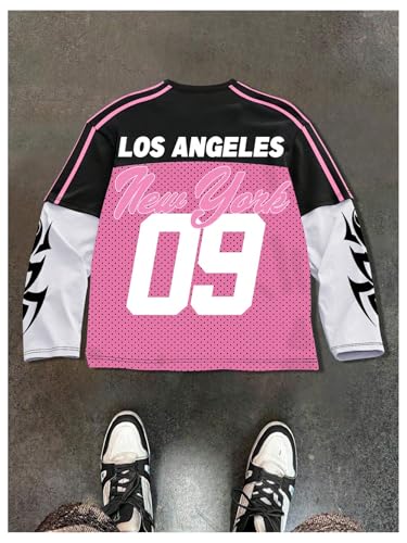 Image of VIPWOLF Men's Number Graphic Long Sleeve Jersey Shirts Oversized Y2K Round Neck 2 in 1 T-Shirts Streetwear Top