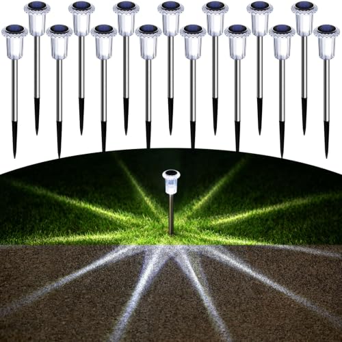Image of DenicMic Solar Pathway Lights Outdoor Waterproof Cold White LED 15 Pack | Yard Garden Driveway Walkway Landscape Path Lights, Starburst Pattern, Acrylic Diamond-like Lampshade Stainless Steel Pole