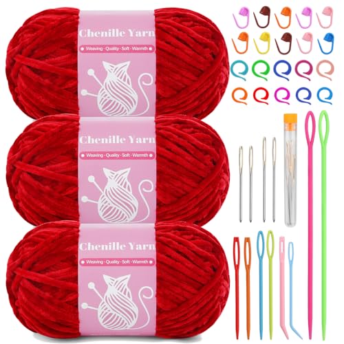 Image of LUNARM Chenille Yarn for Crochet Knitting Chunky Blanket Velvet Yarn | 3 Pack 3.5oz /100g 486 Yard Bright Red Chenille Yarn for Beginners Knitting Scarves with Big Eye Needles Machine Washable