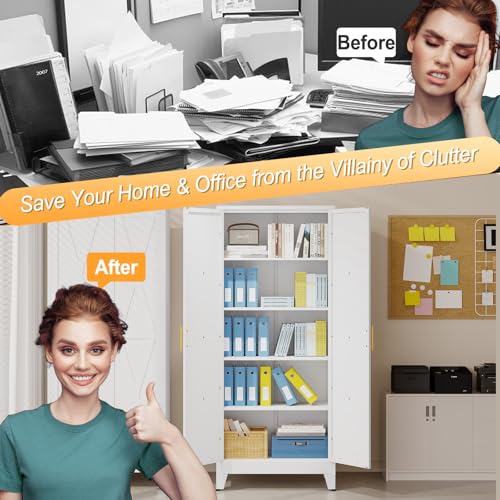 Lusiwry 71\" H Metal Kitchen Pantry Storage Cabinet, Freestanding Cupboard with 2 Doors and 4 Adjustable Shelves, Standing Storage for Kitchen, Bathroom, Garage, Dinning Room or Utility Room(White)