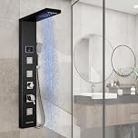 ROVOGO Shower Panel Tower System with LED Lights-No Battery Needed, 304 Stainless Steel Shower Column with Rainfall Waterfall Shower, Body Jets, Handheld and Tub Spout, Black