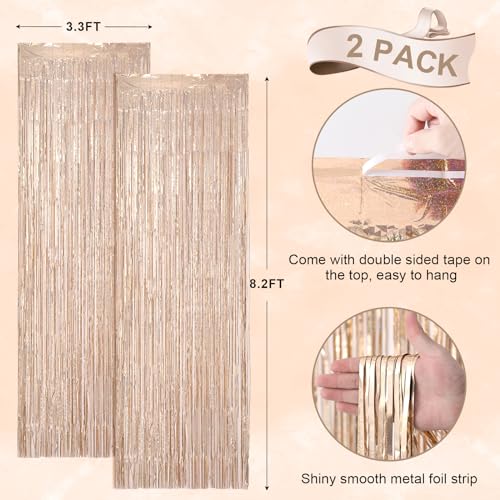 Image of Voircoloria 2 Pack Laser Champagne Foil Fringe Backdrop Curtains, Tinsel Streamers Birthday Party Bachelorette Backdrop Decorations for Valentine, Baby Shower, Wedding, Disco Party