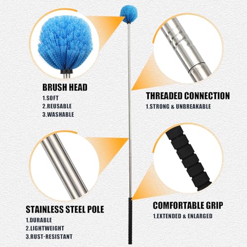 Image of Spider Web Duster Brush Kit - Lightweight 6.5FT Pole with Washable Microfiber Head - Extends to 13.5FT for High Ceilings, Ceiling Fans, Cobwebs - Also for Furniture, Eaves, Garage, Patio