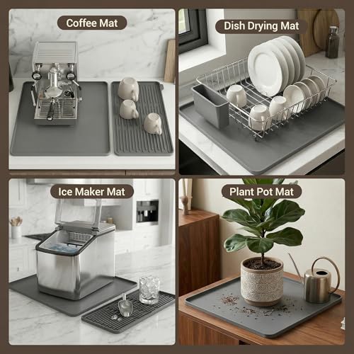 Image of Silicone Coffee Mat for Countertop, 16x16 inch Heat Resistant Espresso Machine Mat, Non-Slip Coffee Bar Mat with Detachable Drying Area and Raised Edge, Waterproof Station Pad - Grey