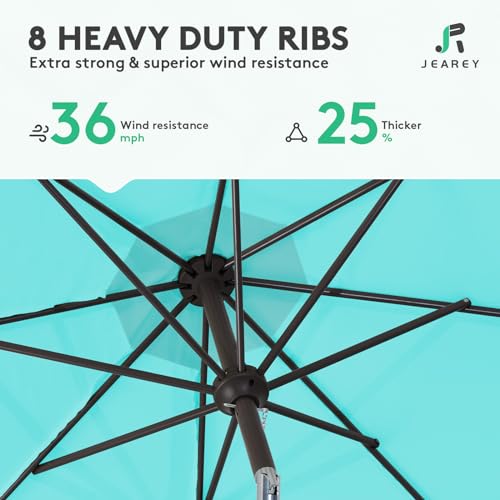 Image of JEAREY 9FT Outdoor Patio Umbrella Outdoor Table Umbrella with Push Button Tilt and Crank, Market Umbrella 8 Sturdy Ribs UV Protection Waterproof for Garden, Deck, Backyard, Pool (Peacock Blue)