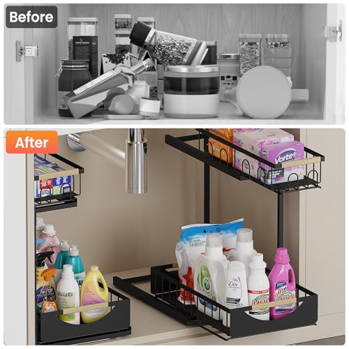 Image of Under Sink Organizer and Storage for Bathroom and Kitchen - 2 Pack 2 Tier | Cabinet Pull Out Shelf Organizers - Slide Out Drawer Organization for Home Cabinets Shelves and Drawers