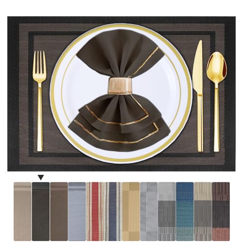 ARTAND Placemats Set of 4, Woven Placemats for Dining Table, Boho Decor Plastic Table Place Mats, Vinyl Table Mats for Indoor Outdoor Black Gold Frames