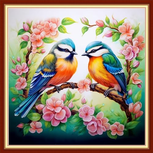 Image of DMCVIVR Stamped Cross Stitch Kits for Beginners Adults Needlepoint Kits for Beginners Embroidery Kits for Adults Crossstitch Kit for Beginners 11CT-Singing Birds Fragrant Flowers 18x18 inchs