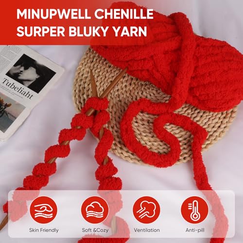 Image of MINUPWELL 8 Packs Jumbo Chunky Chenille Yarn - 1820g(64oz) 254 Yards (761ft) Bulky Yarn - Chunky Yarn for Hand Knitting Blanket,Cushions, Pet Bed - Soft and Durable(Red)