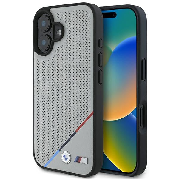 CG Mobile BMW BMHMP16S23PUPDG Coque Rigide pour iPhone 16 6,1" Gris M Perforé Ligne Tricolore