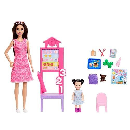 Barbie Careers Teacher Playset with Fashion Doll Wearing Removable Dress, Toddler Small Doll, Classroom Board & Accessories