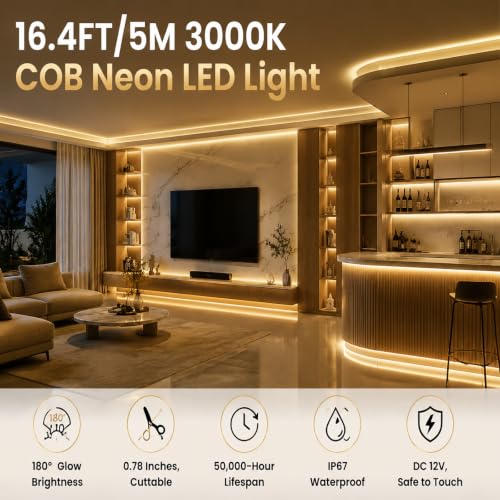 Image of iNextStation 16.4FT Warm White COB LED Strip Lights with Dimmer and Plug | 1560 LEDs Uniform 180 3000K Light with CRI93+, 0.78Inch Cuttable, IP67 Waterproof Silicone Light for Indoor & Outdoor