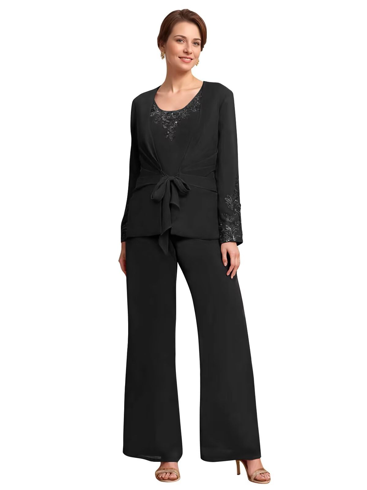 Chiffon 3 Piece Mother of The Bride Pantsuits for Wedding Lace Appliques Formal Evening Gown with Jacket Outfit