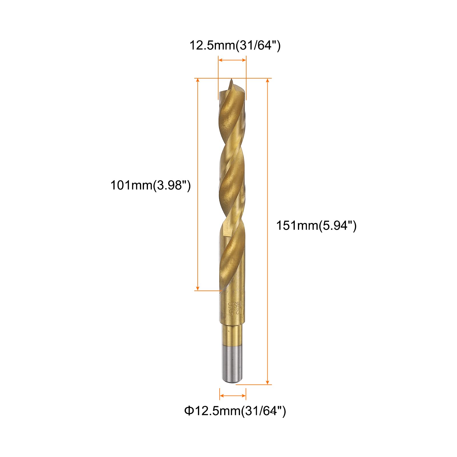 QUARKZMAN 5pcs Mèches À Pointe Brad 12.5mm(31/64") Dia HSS4241 Tige Droite Ronde Métrique Mèches À Pointe Brad Spirale Pour Menuiserie Travail Du Bois Plastique Caoutchouc, Doré