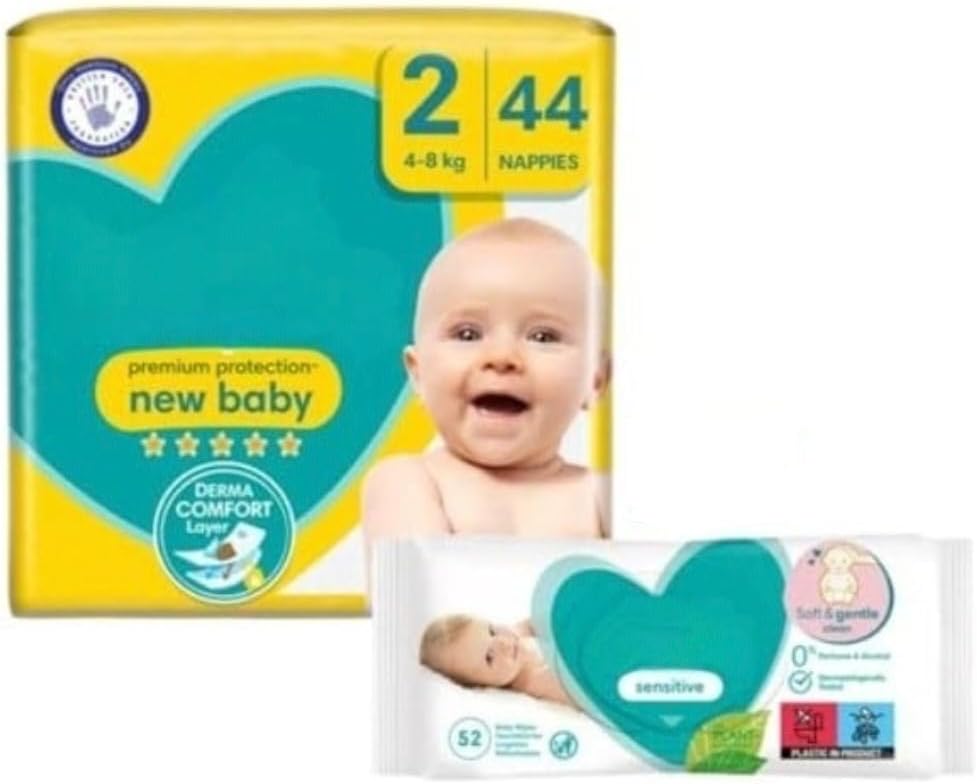 Protection Bundle Size 2, 44 Nappies, 4kg-8kg, Essential Pack with Baby Wipes 52pk