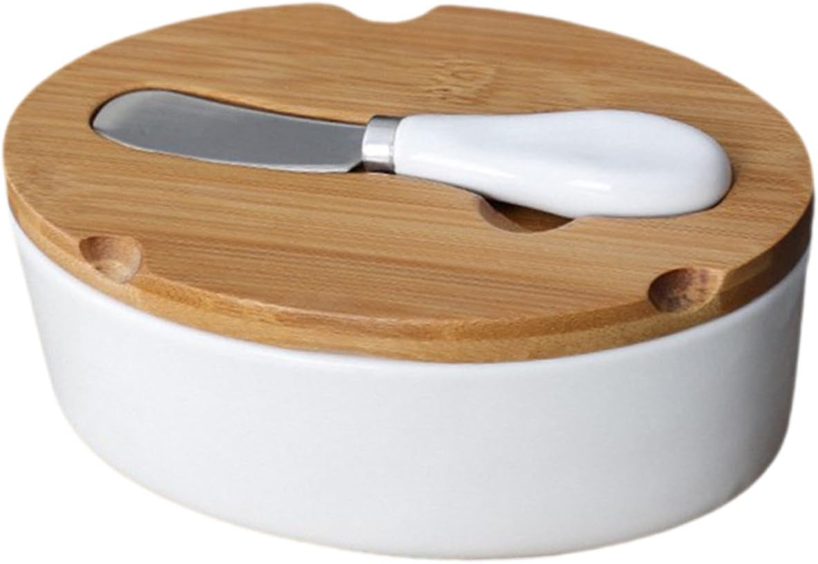 Ciieeo Ceramic Butter Dish and Cutter Set with Lid, Oval Butter Preservation Box for Kitchen Tableware, Household Cheese Cutting Tool, Food Storage Container