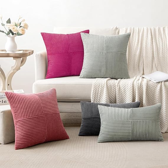 Image of Guffaw Corduroy Pillow Covers Boho Decorative Spliced Throw Pillow Covers Soft Solid Couch Pillowcases Cross Patchwork Cushion Covers for Living Room Bed Sofa 16x16 inch (3, Dark Pink)