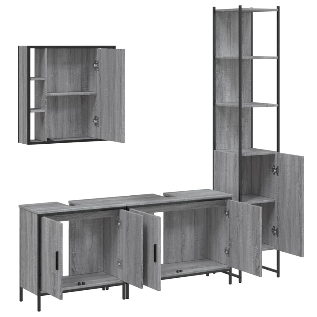 SYDE Set Armario de Baño 4 Pzas Madera Contrachapada Gris Sonoma | Con Espejo y Estante, Acero Recubierto, Patas Ajustables, Fijación a Pared