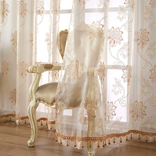 Elkca Floral Embroidered Sheer Curtains With Beads For Bedroom Window Tulle Curtain For Living Room,52Inchx96Inch,Grommet Top,2 Panels #TOP12